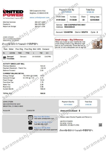 USA Colorado United Power utility bill template in Word and PDF format